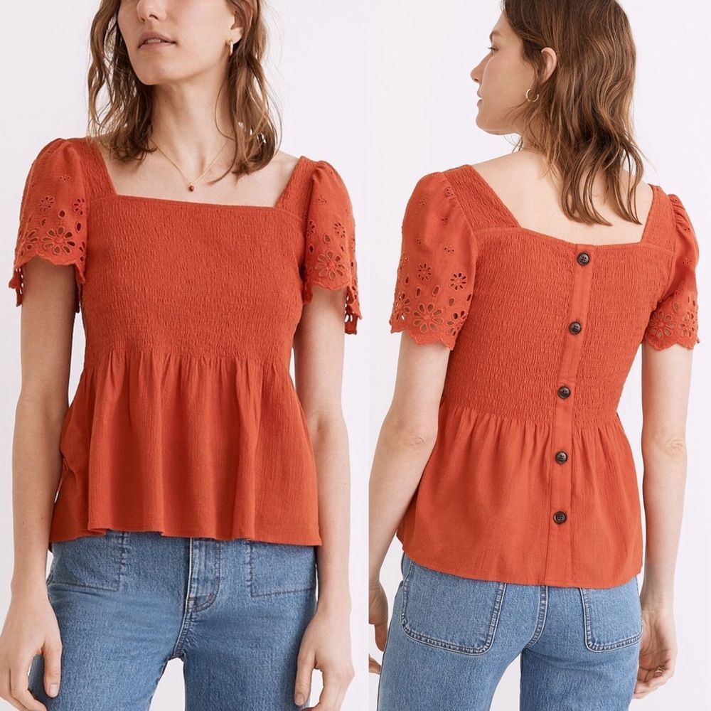 Madewell Eyelet-Sleeve Lucie Smocked Peplum Babydoll Top Shirt Size Small